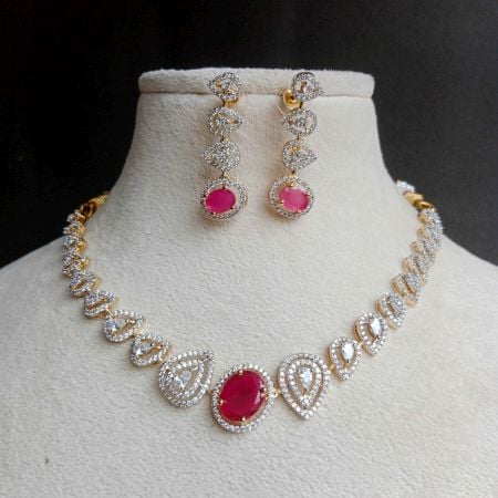 Handmade Brass Metal Jewellery Pink Teardrop Necklace Set